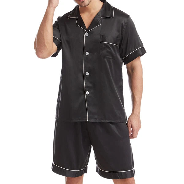 Men Satin Pajamas Set Shorts + Shirt Sleepwear Lounge Nightwear Buttons Outfit