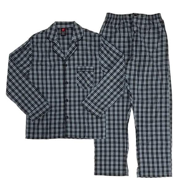 NWT Hanes Mens 2 PC Gray Plaid Woven Shirt & Pants Pajama Sleep Sz SMALL or MED
