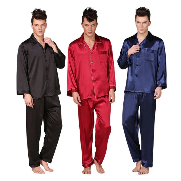 Men's Silk Satin Pajamas Pyjamas Set Long Sleeve Sleepwear Pijama Nightwear