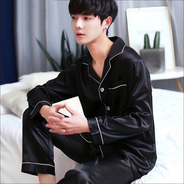 Mens Silk Satin Pajamas Set Top and Bottom Burgundy White sleepwear robes