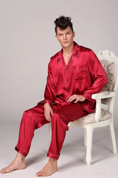 Men's Silk Satin Pajamas Pyjamas Set Long Sleeve Sleepwear Pijama Nightwear