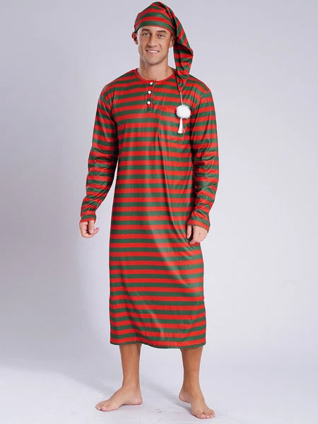 Men's Pajamas Set Long Sleeve Striped Robe Round Neck Loose Sleepwear with Hat