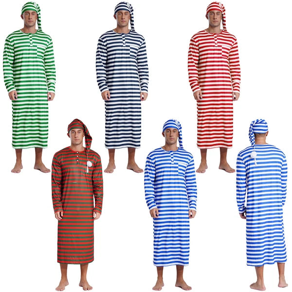 Men's Pajamas Set Long Sleeve Striped Robe Round Neck Loose Sleepwear with Hat