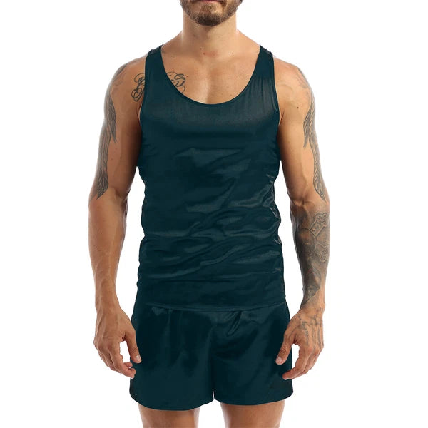 Men's Silk Satin Pajamas Set Vest Top and Boxer Shorts Sleepwear Home Loungewear