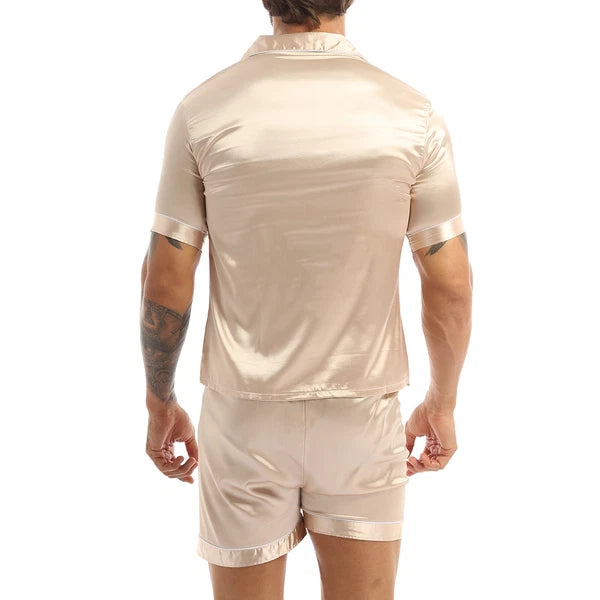 Men's Satin Pajamas Set Soft Silky Loungewear Nightwear Shirts Top with Shorts