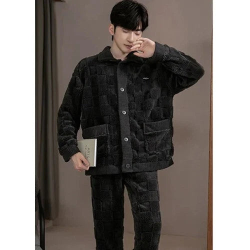2Pcs/set Men's Pajamas Autumn Winter Padded Long-sleeved Trousers Coral Fleece