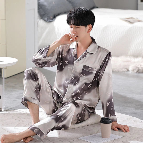 Men's Long Sleeve Satin Pajamas Set Luxury Button Down Pajama Pants Home Clothe
