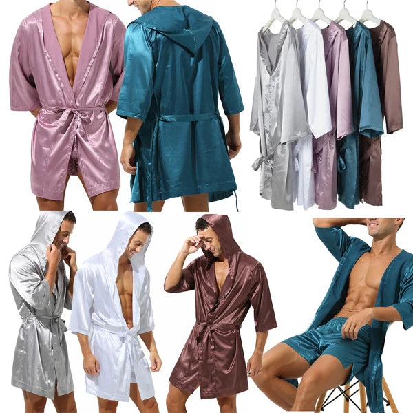 Mens Pajamas Set Night Sleep Robes Silk Satin Nightgown Bathrobe Shorts Homewear