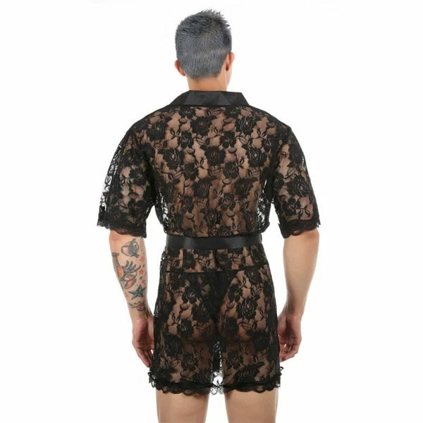 Mens See Through Lace Robe Bathrobe Nightwear Underwear Gown Pajamas Lingerie
