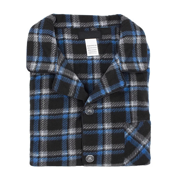 Men's Plaid Fleece 2 Piece Sleep Button Up Drawstring Waist Classic Pajama Set