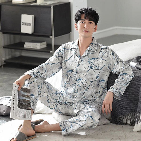 Men's Long Sleeve Satin Pajamas Set Luxury Button Down Pajama Pants Home Clothe