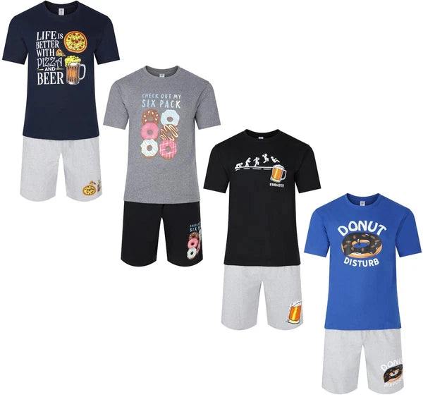 Mens Short Pyjamas Beer Pizza Donuts PJ Sets Night Sleep Lounge Wear L XL XXL