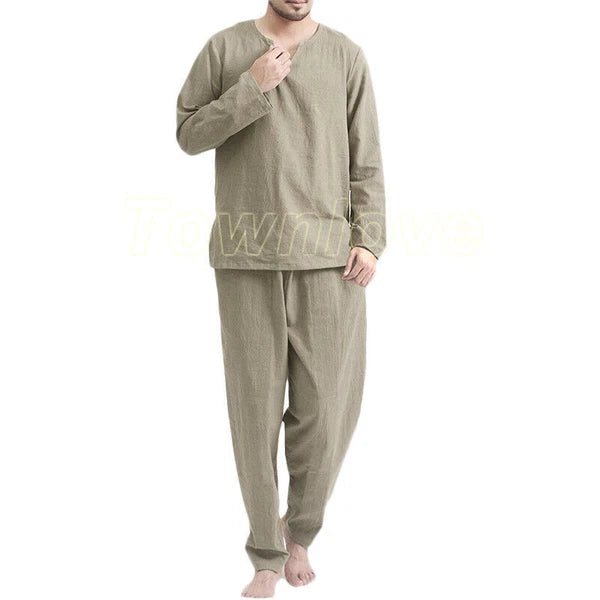 Mens Long Sleeve Cotton Linen Casual Loose Pajamas Suits Night Loungewear Set