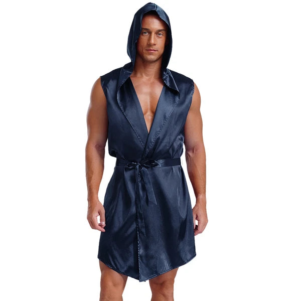 Men's Satiny Pajama Robe Set Sleeveless Silk Hooded Bathrobe with Belt Sleepwear