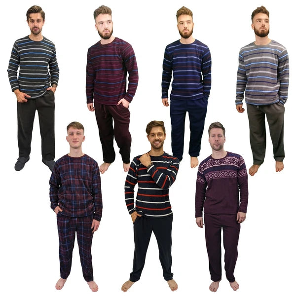 Mens Fleece Warm Soft Pyjamas Striped PJ Set Nightwear Nightsuit Pyjama S-4XL