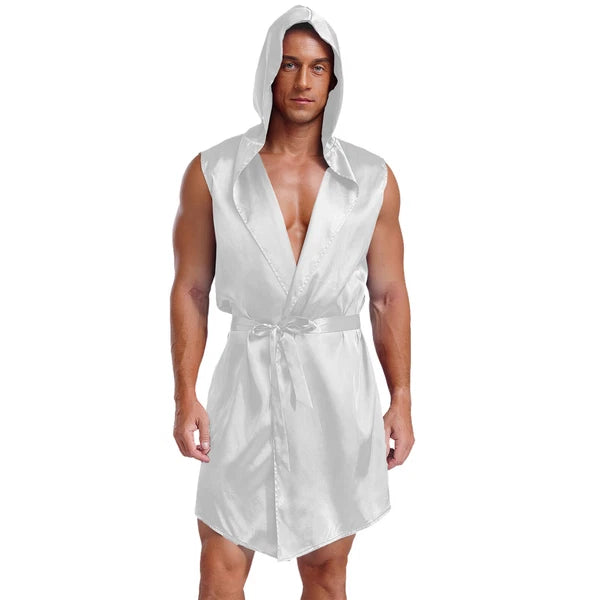 Men's Satiny Pajama Robe Set Sleeveless Silk Hooded Bathrobe with Belt Sleepwear
