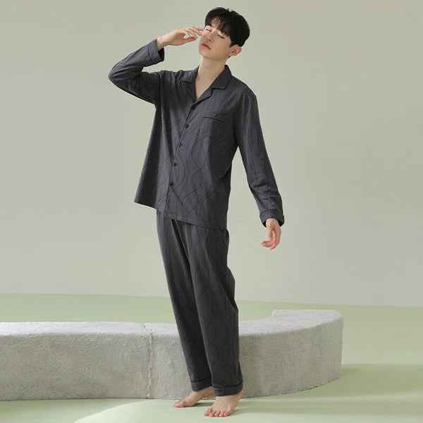 Mens Pyjamas Set Antibacterial Cotton Long Sleeve Homewear Comfortable Sleepwear