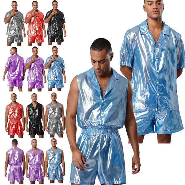 Men Shiny Glossy See-Through Metallic Chiffon Jumpsuit Bodysuit /Pajama Set
