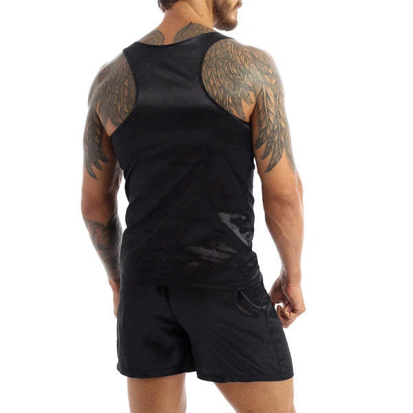 Men's Silk Satin Pajamas Set Vest Top and Boxer Shorts Sleepwear Home Loungewear