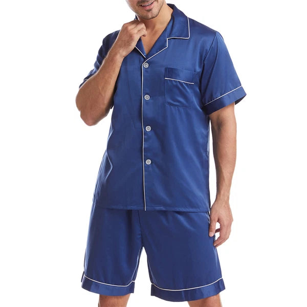 Men Satin Pajamas Set Shorts + Shirt Sleepwear Lounge Nightwear Buttons Outfit