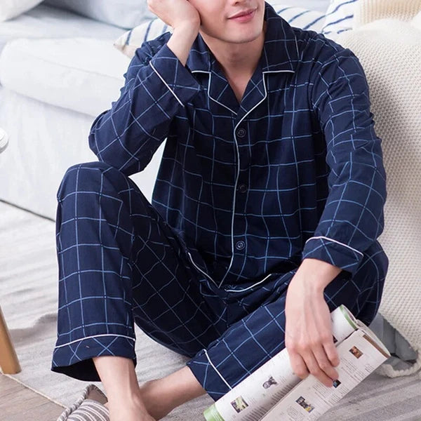 Men's Pajama Sets Simple Sleepwear Long Sleeve Cotton Top Pant Leisure Outwear