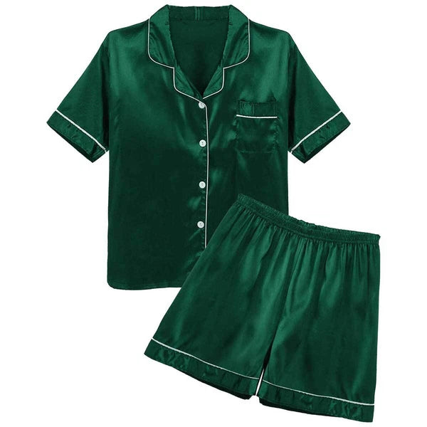 Men's Silky Satin Pajamas Set Short Sleeves Button T-Shirt Tops with Shorts