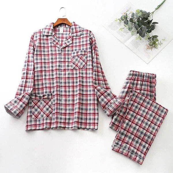 Men Cotton Pajamas Set Long Sleeve Button Soft Pants Sleepwear High Quality