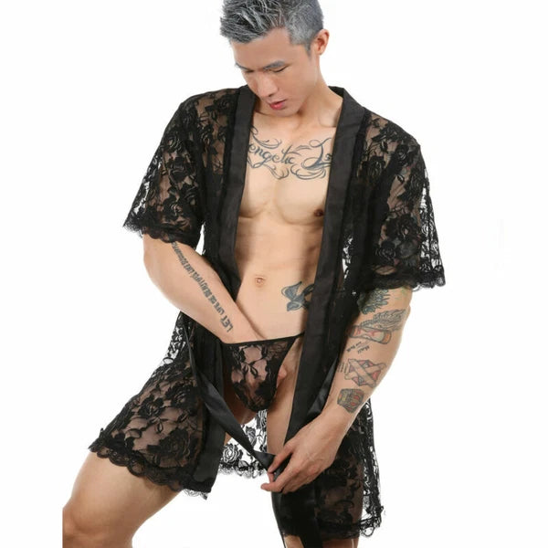 Mens See Through Lace Robe Bathrobe Nightwear Underwear Gown Pajamas Lingerie