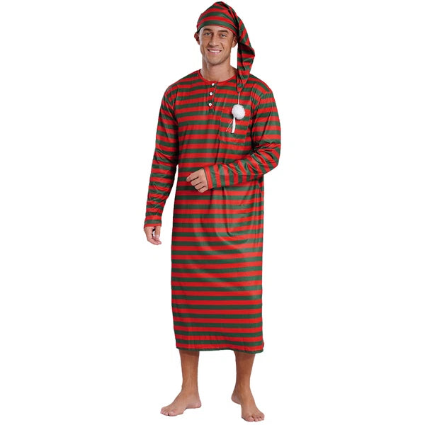 Men's Pajamas Set Long Sleeve Striped Robe Round Neck Loose Sleepwear with Hat