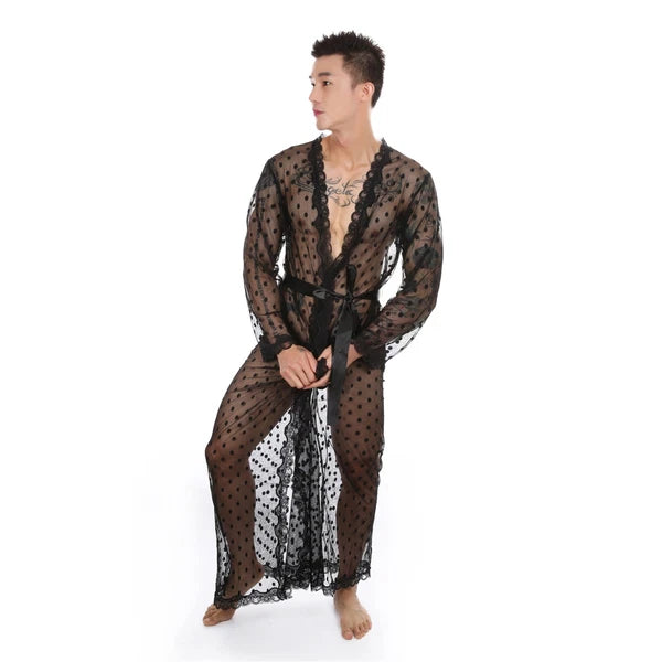 Mens Dress Long Sleeve Bathrobe Kimono Pajamas Lace Clear Thong Set-