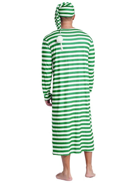 Men's Pajamas Set Long Sleeve Striped Robe Round Neck Loose Sleepwear with Hat