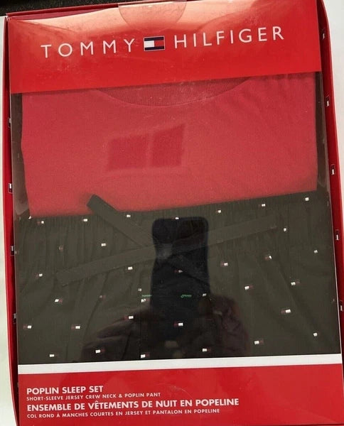 TOMMY HILFIGER POLPLIN COTTON SLEEPWEAR LOUNGE RED NAVY SET PAJAMA LARGE $65