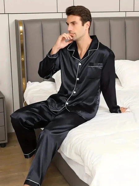 Men's Silk Satin Pajama Set Long Sleeve Soft Sleepwear Loungewear Suit