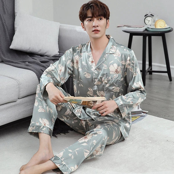 Men's Long Sleeve Satin Pajamas Set Luxury Button Down Pajama Pants Home Clothe