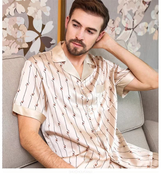 Men's Print 100% Mulberry Silk Pajamas Set Short Sleeves Silk Sleepwear S M L