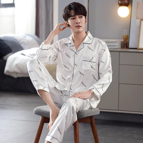 Men's Long Sleeve Satin Pajamas Set Luxury Button Down Pajama Pants Home Clothe