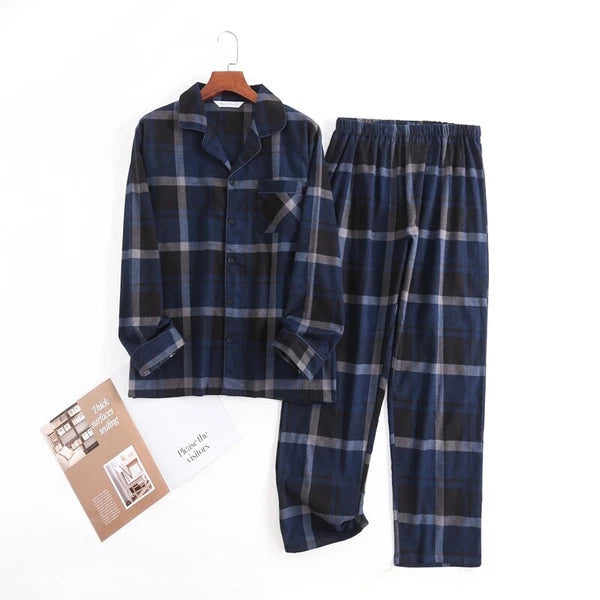 Men's Pajamas Set 100% Cotton Sleepwear Long Sleeve Button Top Pants Nightwear