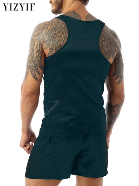 Men's Satin Pajamas Set Soft Silky Loungewear Nightwear Shirts Top with Shorts