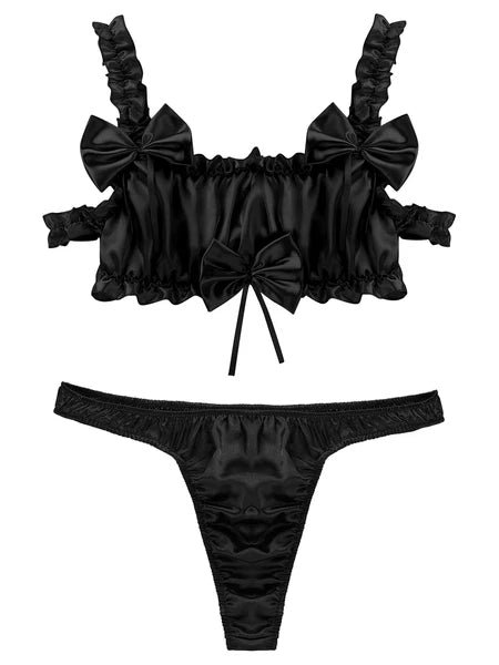 Men Ruffled Lingerie Set Cami Straps Bandeau Bra Thong 2Pcs Crossdresser Pajamas