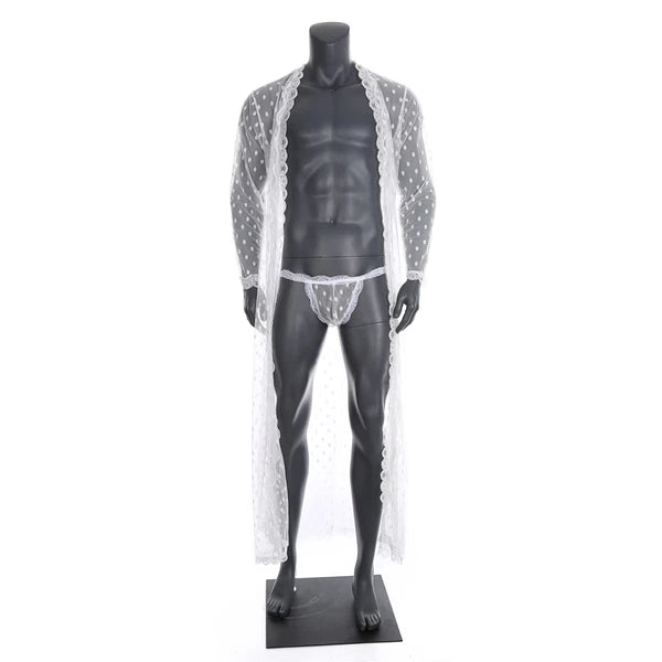 Men Bathrobe Lace Gown Kimono Long Sleeves Robe Pajamas See-through Thong Set