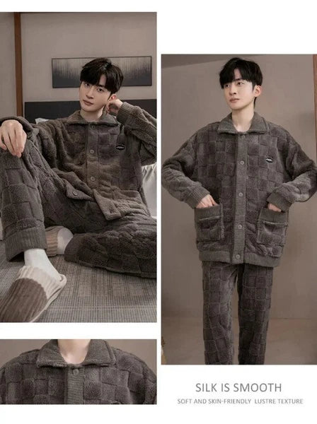 2Pcs/set Men's Pajamas Autumn Winter Padded Long-sleeved Trousers Coral Fleece