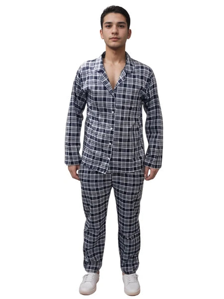 Mens Checked Pyjamas Set Cotton Blend Traditional Nightwear Lounge Wear Top PJ's