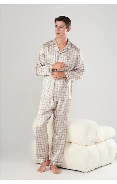 Men's 19MM 100% Pure Mulberry Silk Pajamas Set Long Sleeves Silk Sleepwear S~3XL