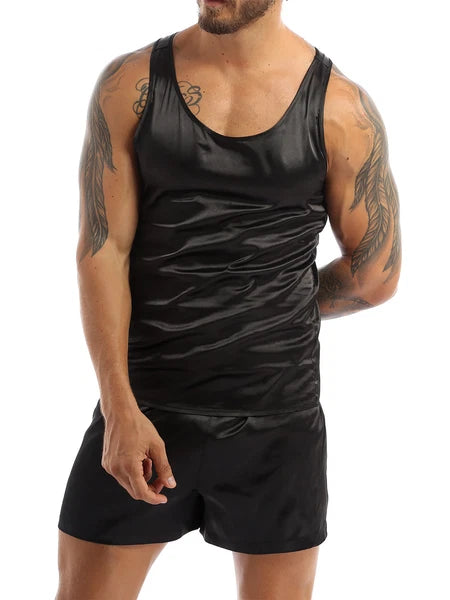 Men's Satin Pajamas Set Soft Silky Loungewear Nightwear Shirts Top with Shorts
