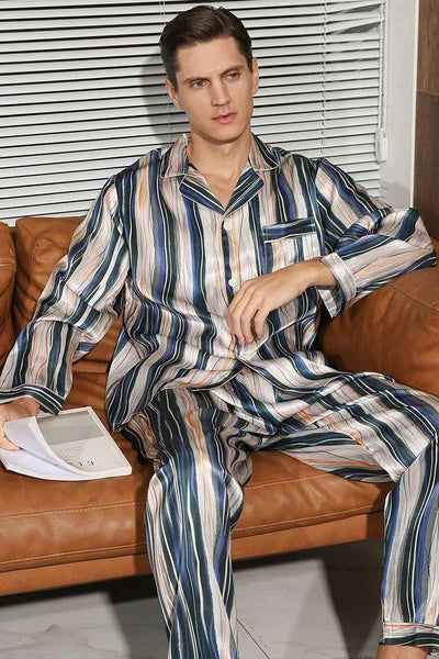Men's 19MM 100% Silk Pajamas Set Long Sleeves Silk Sleepwear Striped S M L XL