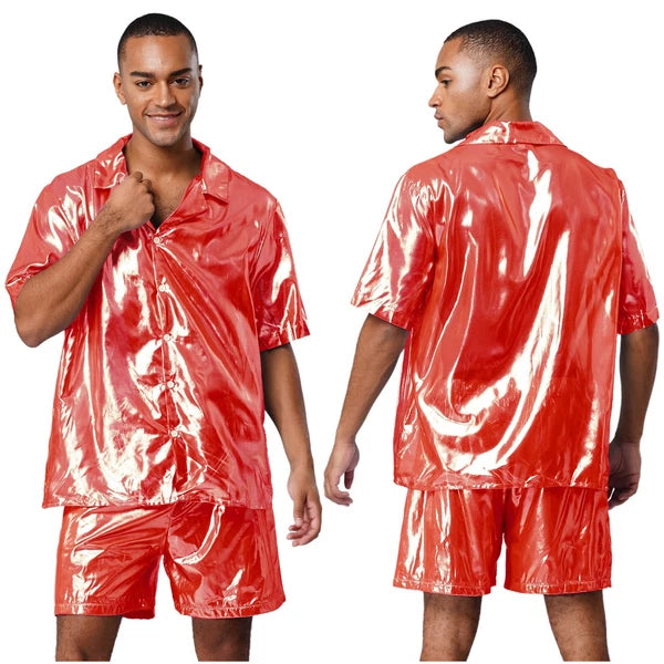 Men Shiny Glossy See-Through Metallic Chiffon Jumpsuit Bodysuit /Pajama Set
