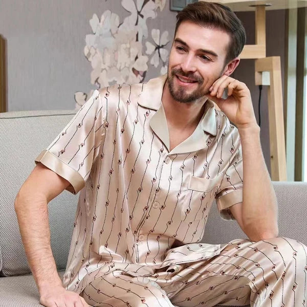 Men's Print 100% Mulberry Silk Pajamas Set Short Sleeves Silk Sleepwear S M L