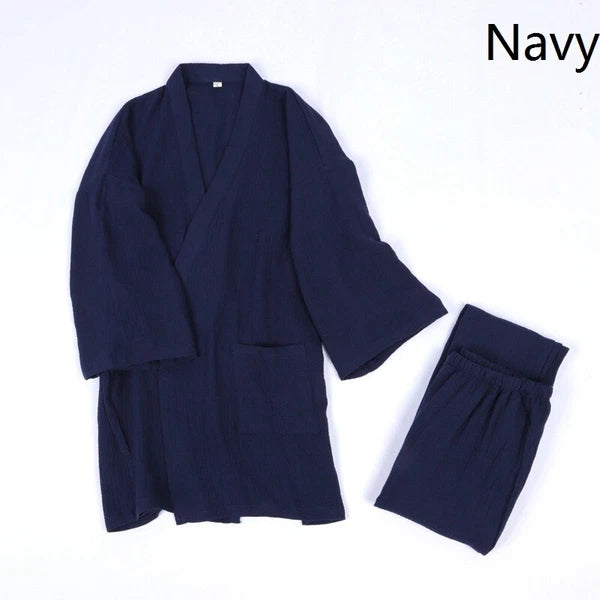 Japanese Men's Crepe Cotton Yukata Pajamas Set Kimono Top Pants Sleepwear Lounge