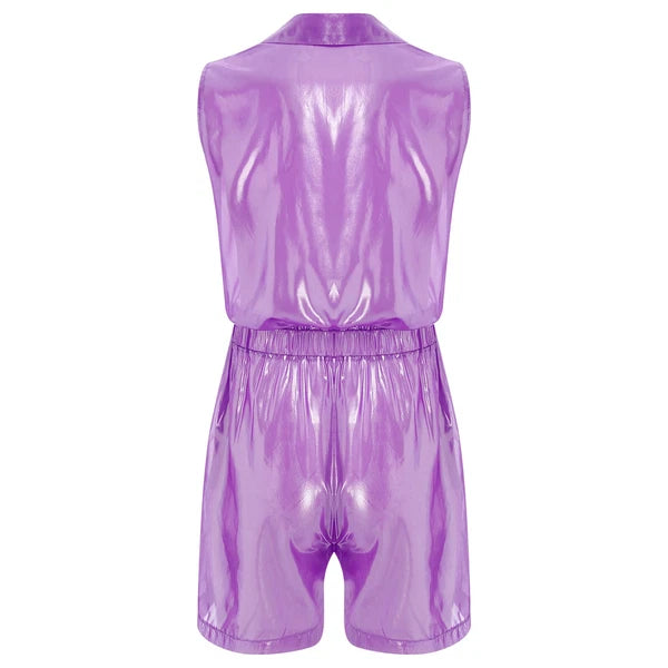 Men Shiny Glossy See-Through Metallic Chiffon Jumpsuit Bodysuit /Pajama Set