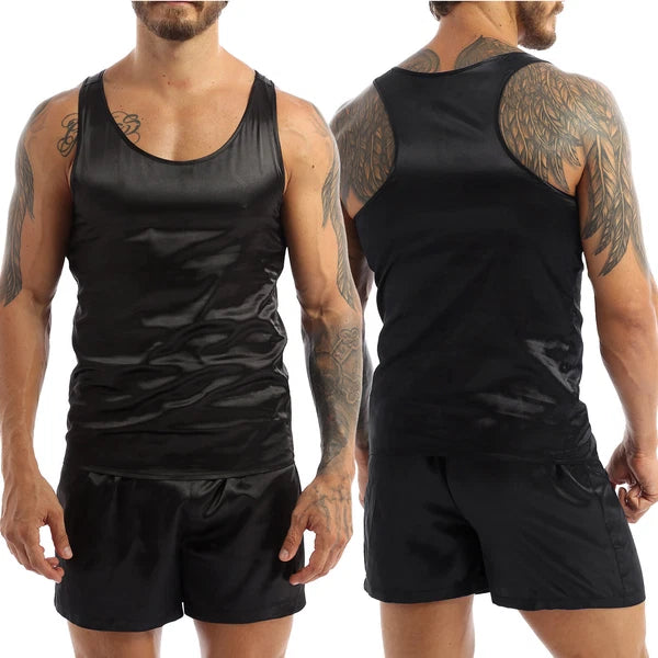 Men's Satin Pajamas Set Soft Silky Loungewear Nightwear Shirts Top with Shorts